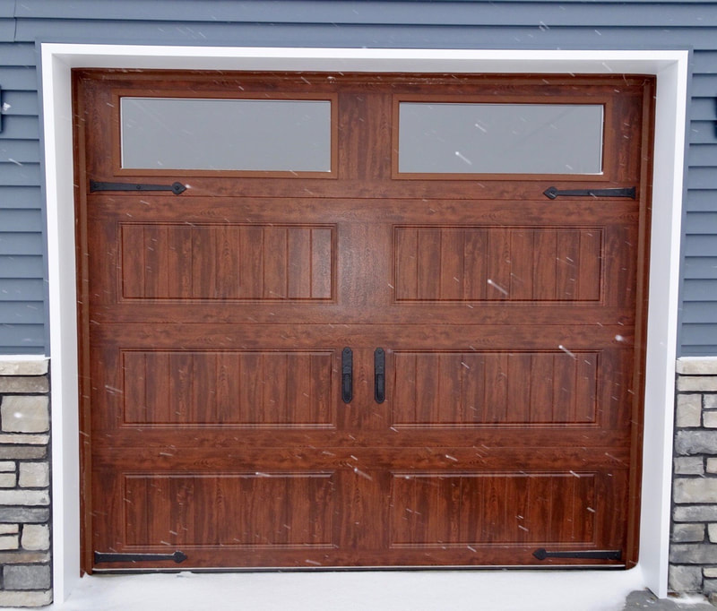 Clopay Gallery Series Garage Door in Ultra-Grain Walnut Finish with Long Panel Bead Board Panels.  Installed by Augusta Garage Door in Clearwater, MN.